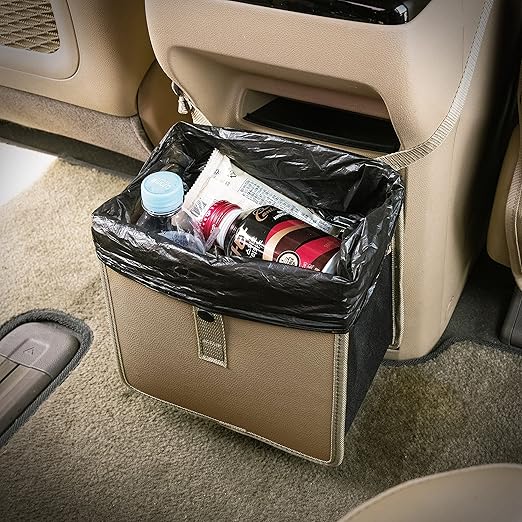 KMMOTORS Jopps Car Trash Can – Compact Foldable Bin with Strap, PU Leather & Oxford, Waterproof, Space-Saving, Simple Modern Design, Mounts on Headrest, Console, Gear Shift (Medium, Beige)