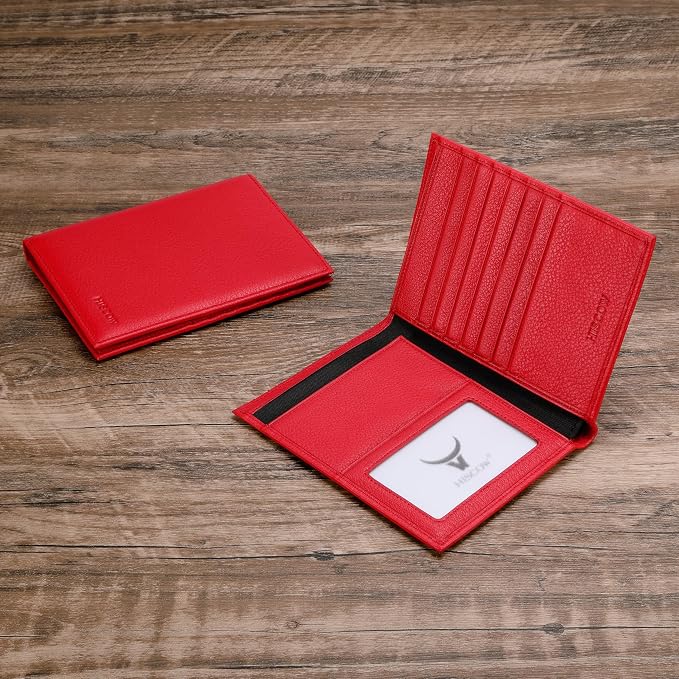 HISCOW Leather Passport Holder for Travel, Bifold Wallet, Pebbled Red | Full grain cowhide, RFID blocking, 7 card slots, cash compartment, frosted ID window, travel essentials, premium gift box