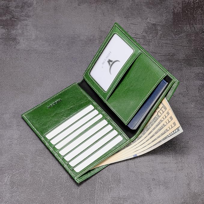 HISCOW Leather Passport Holder for Travel, Bifold Wallet, Veg-Tanned Green | Full grain cowhide, RFID blocking, 7 card slots, cash compartment, frosted ID window, travel essentials, premium gift box