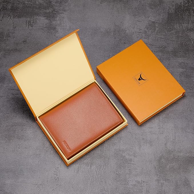 HISCOW Leather Passport Holder for Travel, Bifold Wallet, Tan | Full grain cowhide, RFID blocking, 7 card slots, cash compartment, frosted ID window, travel essentials, premium gift box