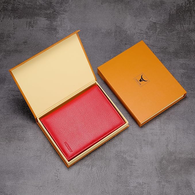 HISCOW Leather Passport Holder for Travel, Bifold Wallet, Pebbled Red | Full grain cowhide, RFID blocking, 7 card slots, cash compartment, frosted ID window, travel essentials, premium gift box