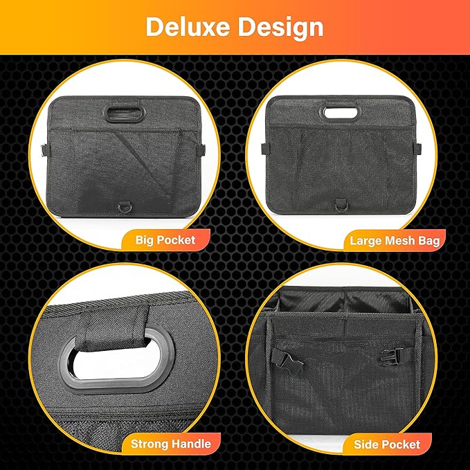 YSSOA Multi Compartments Car Trunk Organizer, 600D Anti-slip Waterproof Oxford Polyester Car Storage, with Adjustable Strap, 15"D x 32"W x 12"H Collapsible Trunk Storage, for SUV, Truck, Black