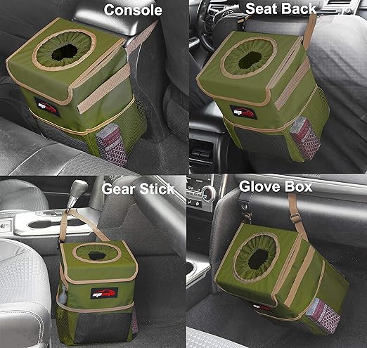 EPAuto Waterproof Car Trash Can with Lid and Storage Pockets, 2.5 Gallon Leakproof, Green