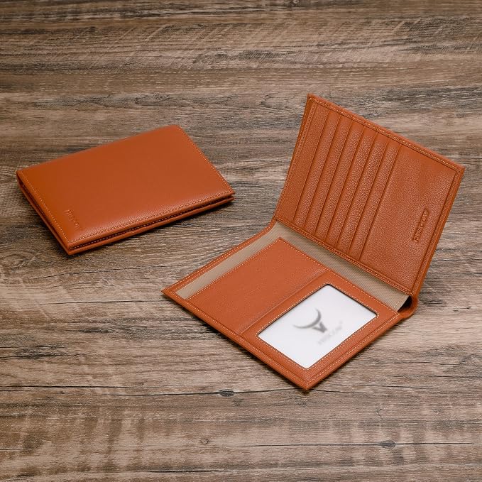 HISCOW Leather Passport Holder for Travel, Bifold Wallet, Tan | Full grain cowhide, RFID blocking, 7 card slots, cash compartment, frosted ID window, travel essentials, premium gift box