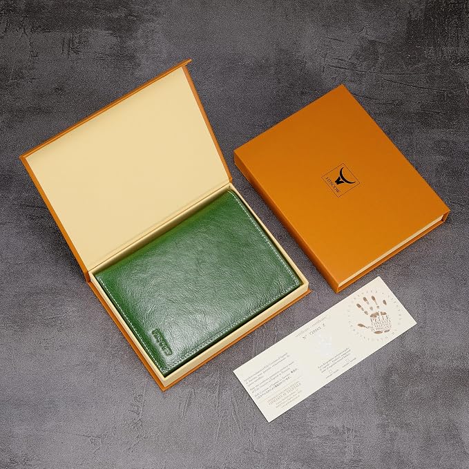 HISCOW Leather Passport Holder for Travel, Bifold Wallet, Veg-Tanned Green | Full grain cowhide, RFID blocking, 7 card slots, cash compartment, frosted ID window, travel essentials, premium gift box