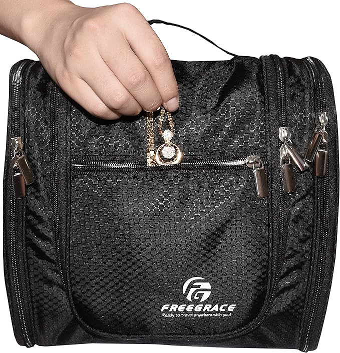 Freegrace Extra Large Hanging Toiletry Bag for Men and Women - Water-Resistant Nylon Travel Bathroom Organizer for Cosmetics, Makeup, and Toiletries