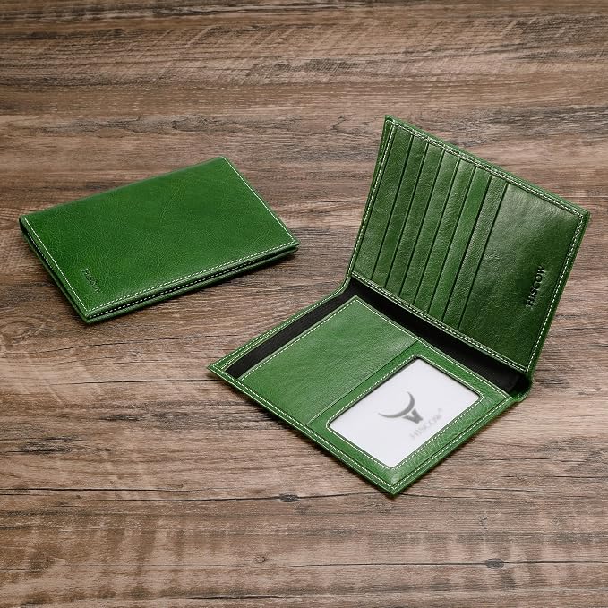 HISCOW Leather Passport Holder for Travel, Bifold Wallet, Veg-Tanned Green | Full grain cowhide, RFID blocking, 7 card slots, cash compartment, frosted ID window, travel essentials, premium gift box