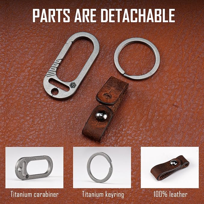 KeyUnity KM02 Titanium Belt Clip Carabiner Leather Keychain Holder with Removable Stainless Steel Key Ring