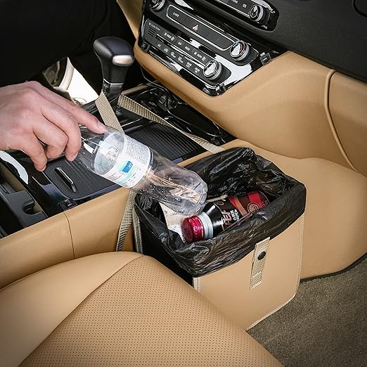 KMMOTORS Jopps Car Trash Can – Compact Foldable Bin with Strap, PU Leather & Oxford, Waterproof, Space-Saving, Simple Modern Design, Mounts on Headrest, Console, Gear Shift (Medium, Beige)