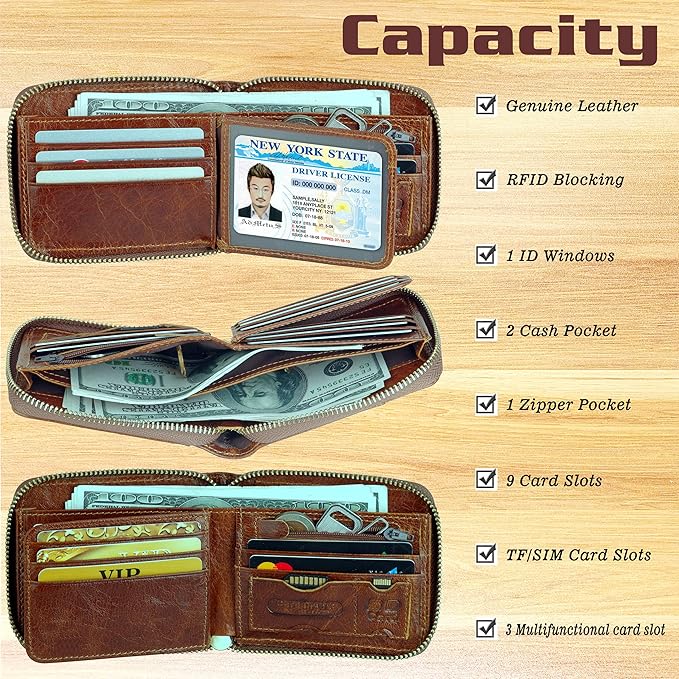 Admetus Mens RFID Blocking Wallets Zipper Leather Wallet for Men Bifold RFID Card Holder