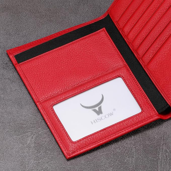 HISCOW Leather Passport Holder for Travel, Bifold Wallet, Pebbled Red | Full grain cowhide, RFID blocking, 7 card slots, cash compartment, frosted ID window, travel essentials, premium gift box