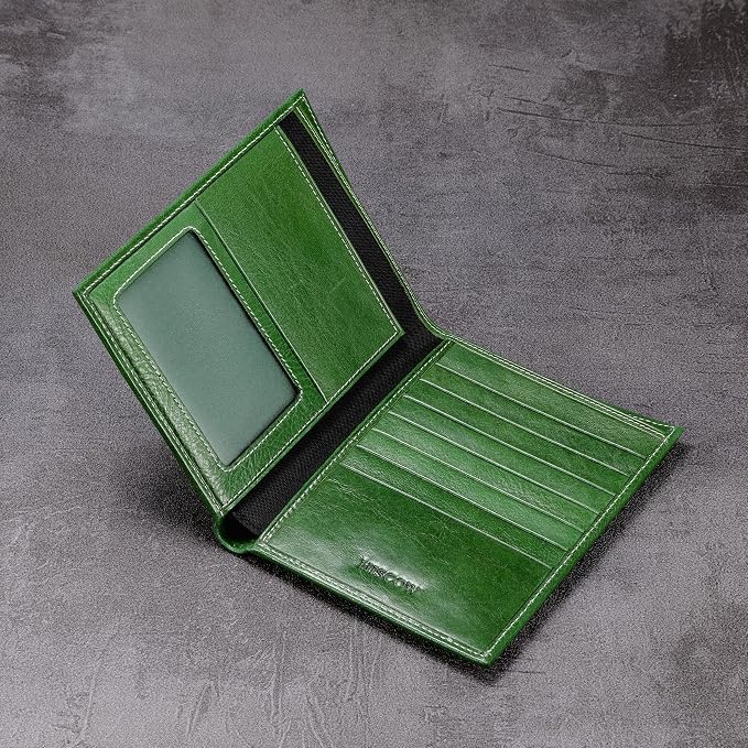 HISCOW Leather Passport Holder for Travel, Bifold Wallet, Veg-Tanned Green | Full grain cowhide, RFID blocking, 7 card slots, cash compartment, frosted ID window, travel essentials, premium gift box
