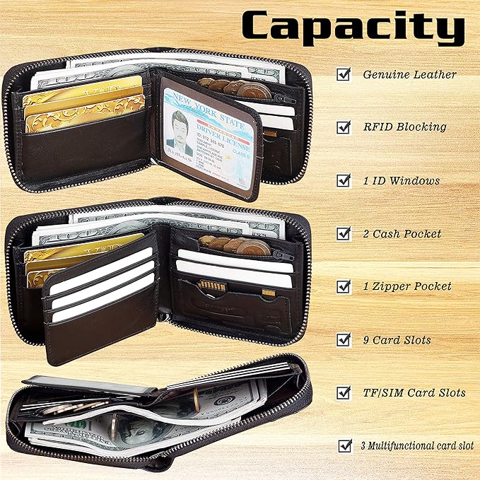 Admetus Mens RFID Blocking Wallets Zipper Leather Wallet for Men Bifold RFID Card Holder