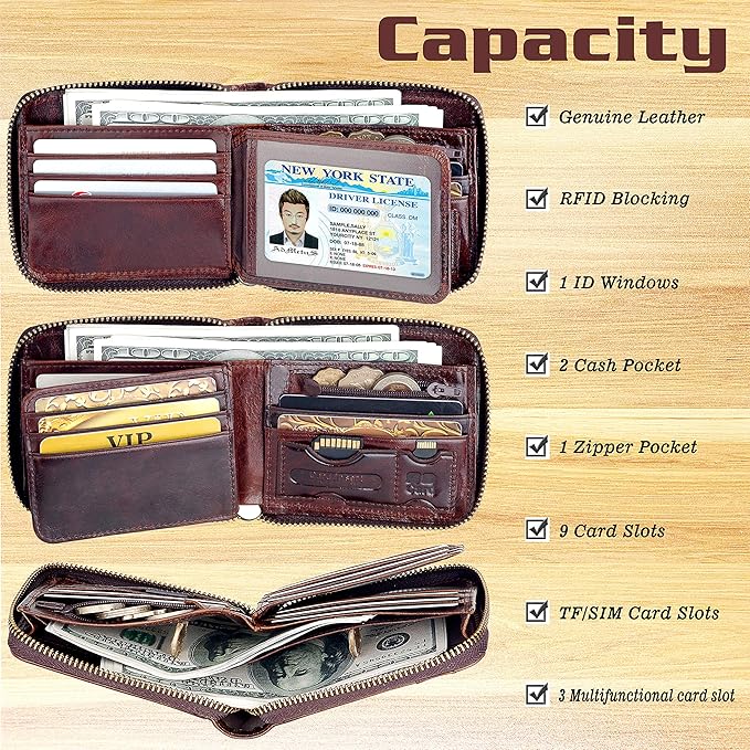 Admetus Mens RFID Blocking Wallets Zipper Leather Wallet for Men Bifold RFID Card Holder