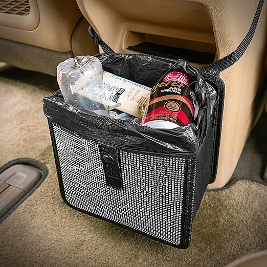 KMMOTORS Jopps Bling Car Trash Can – Foldable Diamond-Style Bin with Strap, PU Leather & Oxford, Waterproof, Sparkly Cubic Finish for Glam Interiors (Medium, Diamond Black)