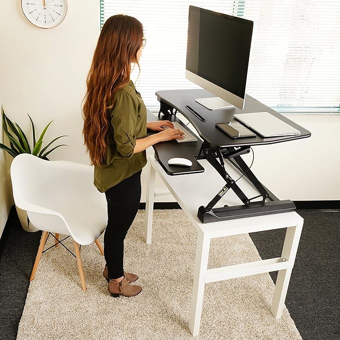 Standing Desk Converter 35 Inches - Height Adjustable Sit Stand Up Desk Riser fits Dual Monitors, Laptop Stand, Desktop Computer Station for Home Office with Pneumatic Spring - Black