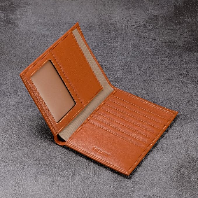 HISCOW Leather Passport Holder for Travel, Bifold Wallet, Tan | Full grain cowhide, RFID blocking, 7 card slots, cash compartment, frosted ID window, travel essentials, premium gift box