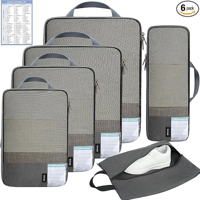 BAGAIL 6 Set Lightweight Compression Packing Cubes with Packing List, Anti-Tearing Expandable Organizer Bags for Travel, Dark Grey