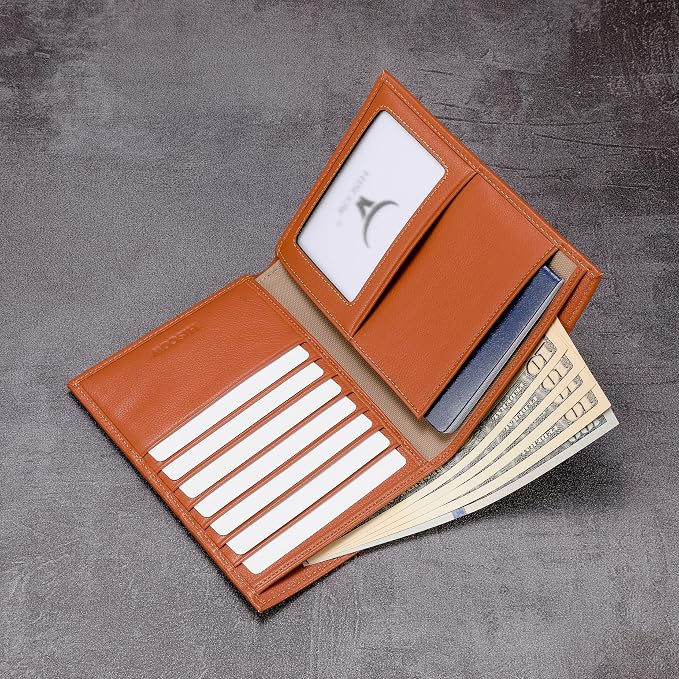 HISCOW Leather Passport Holder for Travel, Bifold Wallet, Tan | Full grain cowhide, RFID blocking, 7 card slots, cash compartment, frosted ID window, travel essentials, premium gift box