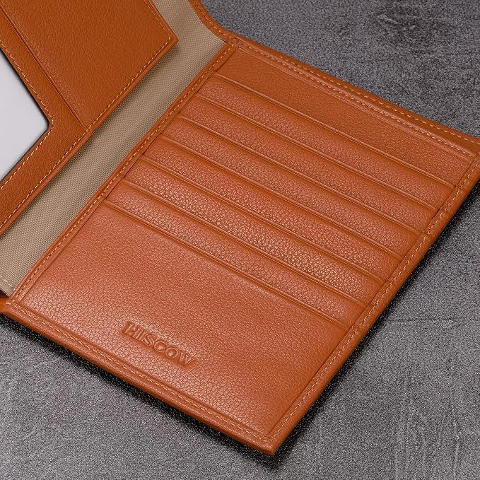 HISCOW Leather Passport Holder for Travel, Bifold Wallet, Tan | Full grain cowhide, RFID blocking, 7 card slots, cash compartment, frosted ID window, travel essentials, premium gift box