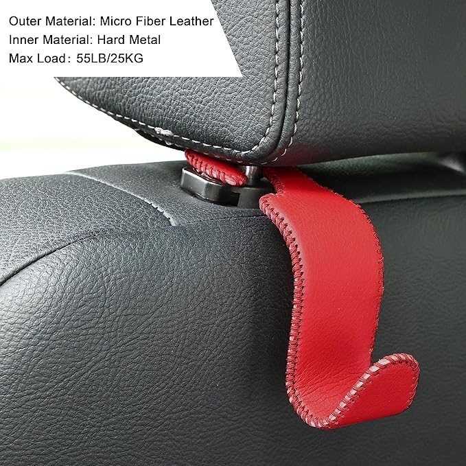 Amooca Car Seat Headrest Hook Universal Vehicle Storage Hanger Leather with Metal Car Seat Back Organizer for Handbag Purse Coat Wine 2 Pack