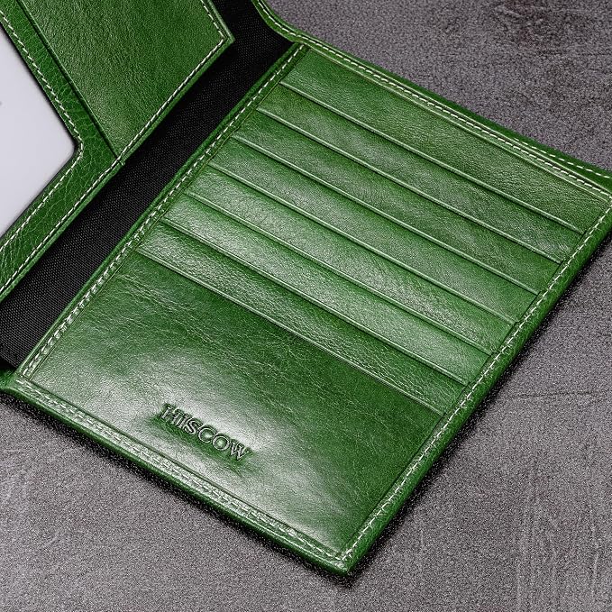 HISCOW Leather Passport Holder for Travel, Bifold Wallet, Veg-Tanned Green | Full grain cowhide, RFID blocking, 7 card slots, cash compartment, frosted ID window, travel essentials, premium gift box