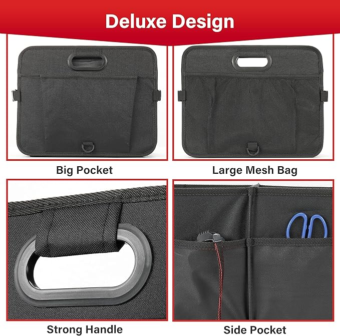 Simple Deluxe Trunk Organizer for Car, 95L Large Capacity, Collapsible Multi Compartment Automotive SUV Accessories, Adjustable Strap & Non Slip Bottom, for Travel/Home/Office, Black Newv