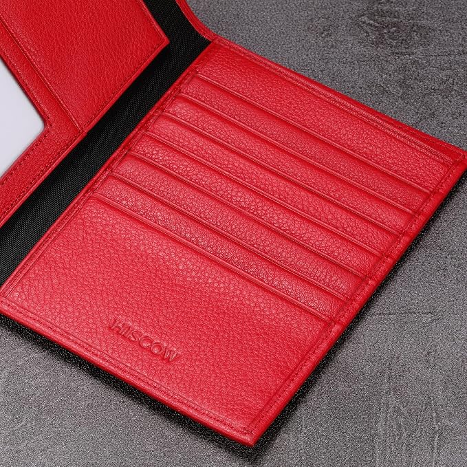 HISCOW Leather Passport Holder for Travel, Bifold Wallet, Pebbled Red | Full grain cowhide, RFID blocking, 7 card slots, cash compartment, frosted ID window, travel essentials, premium gift box