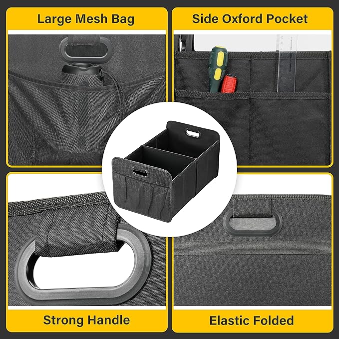 YSSOA 2 Compartments Car Trunk Organizer, 600D Oxford Polyester Car Storage, Anti-slip 14" D x 22" W x 12" H Collapsible Trunk Storage, Suitable for SUV, Minivan, Truck, Black New