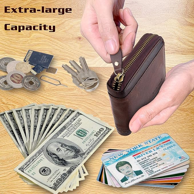 Admetus Mens RFID Blocking Wallets Zipper Leather Wallet for Men Bifold RFID Card Holder
