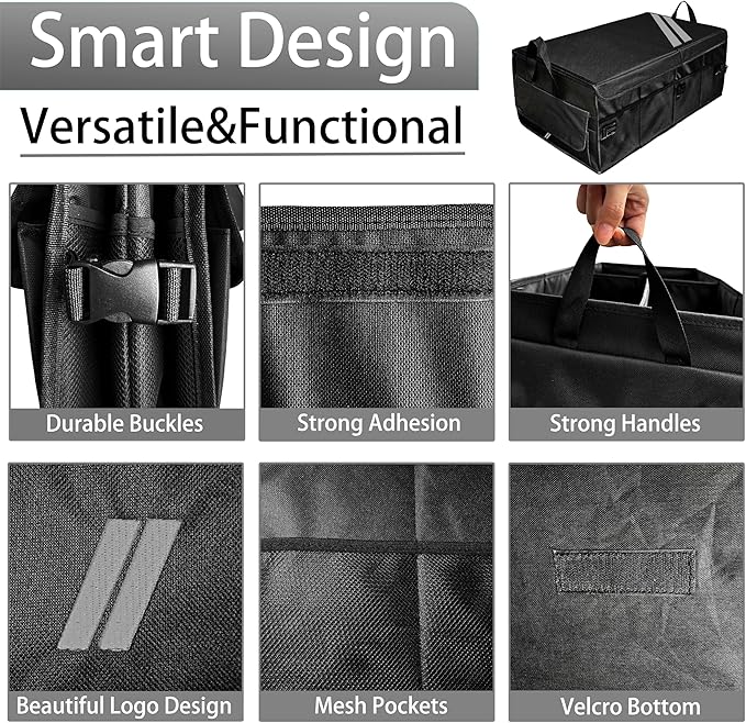 YOSRTER for Dodge Charger Durango Challenger Ram Car Trunk Organizer Collapsible Storage Box with Handle Foldable Lid Non Slip Bottom Sturdy Base Panel for Dodge Accessories, 2 Compartment (Gray Trim)