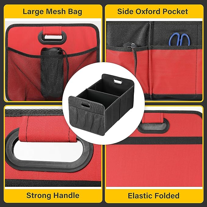 YSSOA 2 Compartments Car Trunk Organizer, 600D Oxford Polyester Car Storage, Anti-slip 14" D x 22" W x 12" H Collapsible Trunk Storage, Suitable for SUV, Minivan, Truck, Red New