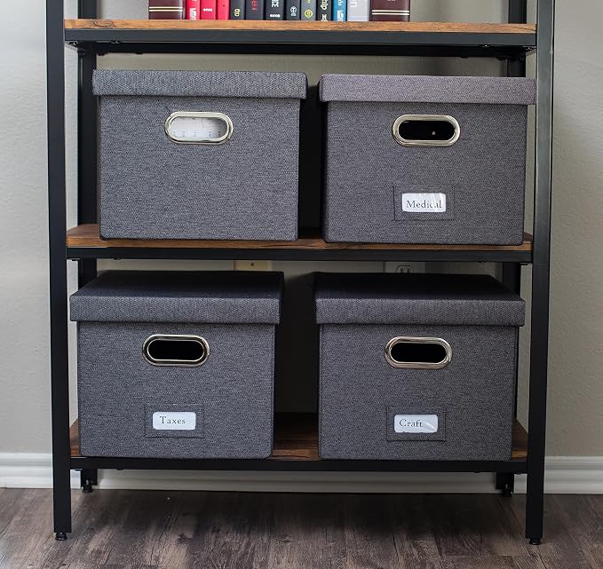 Internet's Best Collapsible File Storage Organizer with Lid - Decorative Linen Filing & Storage Office Box – Hanging Letter/Legal Folder – Home Office Bins Cabinet – Charcoal Container - 6 Pack