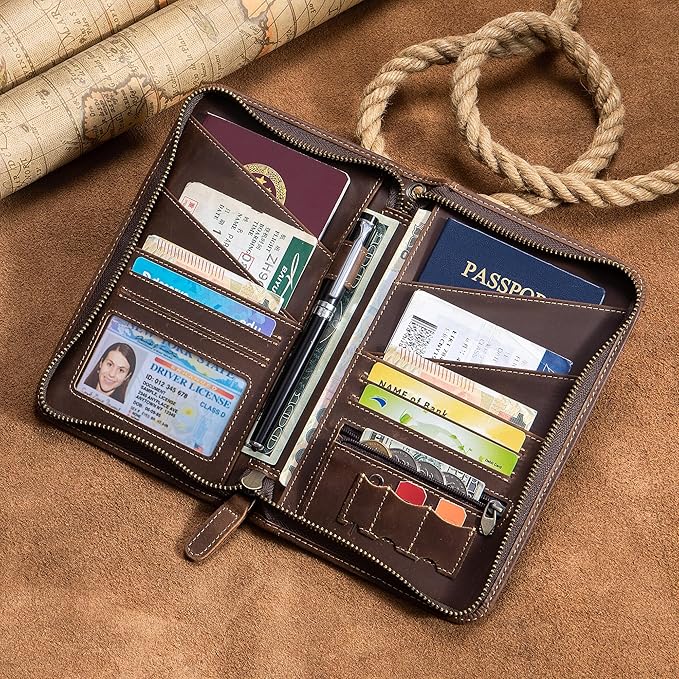 Genuine Leather Passport Holder for Family of 6, RFID Blocking Travel Wallet with Zipper Large Capacity – Vintage Crazy Horse Leather, 6 Passport Slots, Card Holders & Wristlet (Coffee, Large)