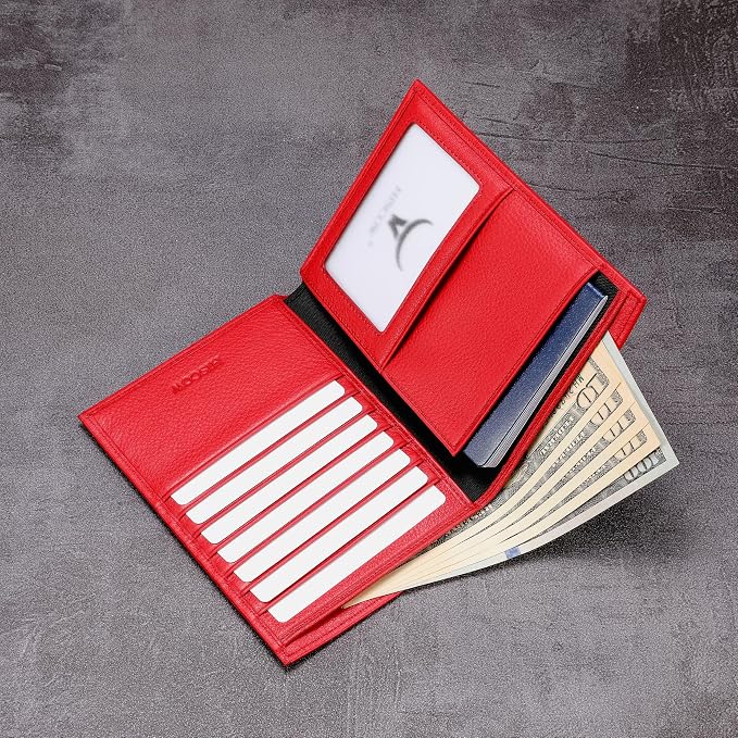 HISCOW Leather Passport Holder for Travel, Bifold Wallet, Pebbled Red | Full grain cowhide, RFID blocking, 7 card slots, cash compartment, frosted ID window, travel essentials, premium gift box