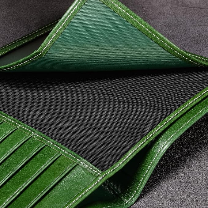 HISCOW Leather Passport Holder for Travel, Bifold Wallet, Veg-Tanned Green | Full grain cowhide, RFID blocking, 7 card slots, cash compartment, frosted ID window, travel essentials, premium gift box