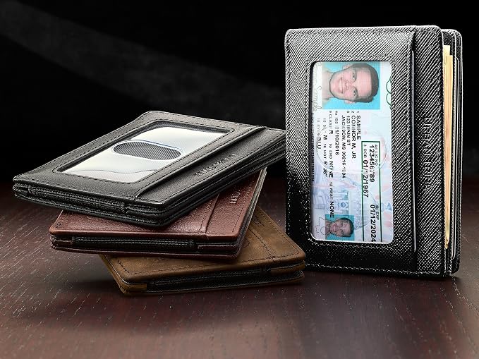 Compact RFID Sleeve Wallet Premium Leather Minimalist Money Clip Card Holder 10 Cards