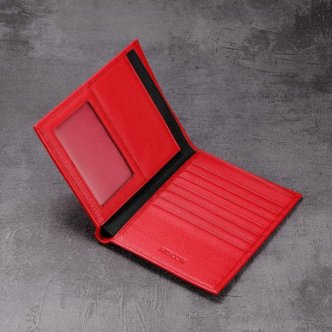 HISCOW Leather Passport Holder for Travel, Bifold Wallet, Pebbled Red | Full grain cowhide, RFID blocking, 7 card slots, cash compartment, frosted ID window, travel essentials, premium gift box
