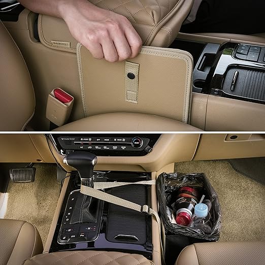 KMMOTORS Jopps Car Trash Can – Compact Foldable Bin with Strap, PU Leather & Oxford, Waterproof, Space-Saving, Simple Modern Design, Mounts on Headrest, Console, Gear Shift (Medium, Beige)